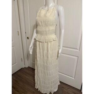 Lizette Collection Ivory Crinkle Smocked Halter Maxi Dress Peplum Open Back- M